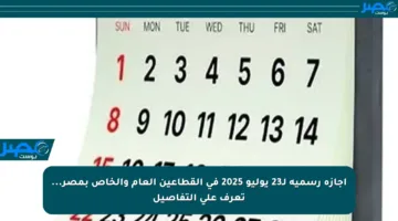 إجازة رسمية لـ23 يوليو 2025 في القطاعين العام والخاص بمصر… تعرف على التفاصيل